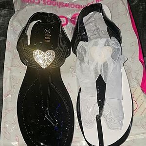 Heart crystal rhinestones bling all black sandals. size 10 * NEVER WORN*